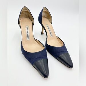 Manolo Blahnik heels Navy black‎ patent leather & denim cap toe 36.5 US 6.5 EUC
